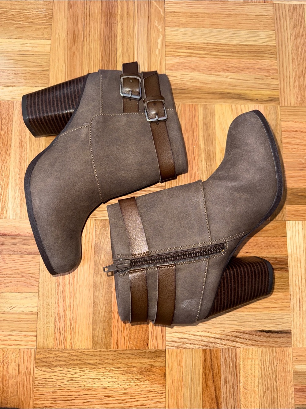 Madden Girl Taupe & Brown Suede Ankle Booties with Buckle Straps